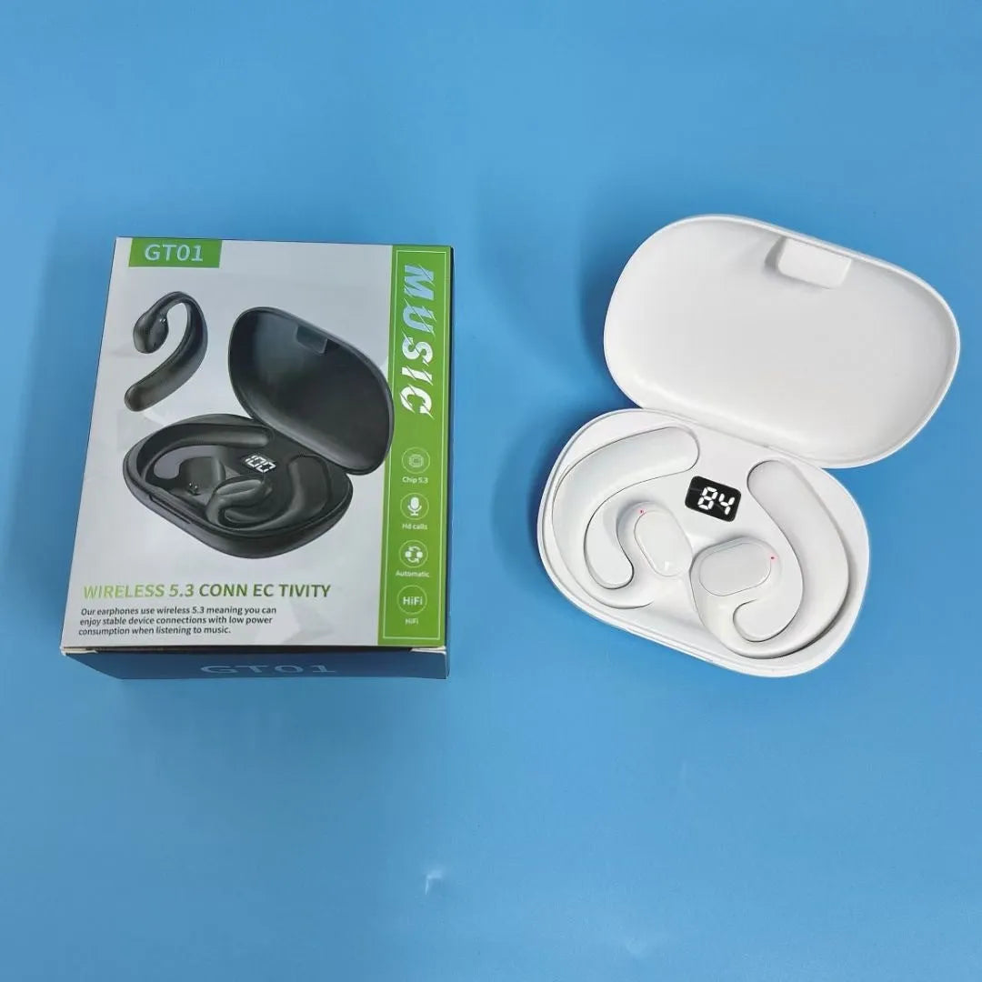 Black ear-mounted Bluetooth headset with digital display screen showing battery level