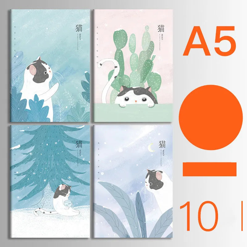 Pack of ten thread-bound A5 and B5 softcover notebooks showing multiple design styles including kraft paper and illustrated covers.