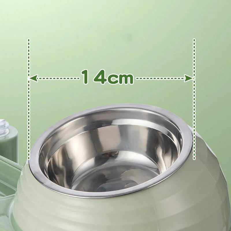Brown cat food bowl set with elevated bowl and water dispenser bottle on floor