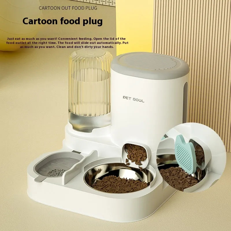 Automatic cat feeding and drinking fountain with stainless steel bowls in compact 27cm design