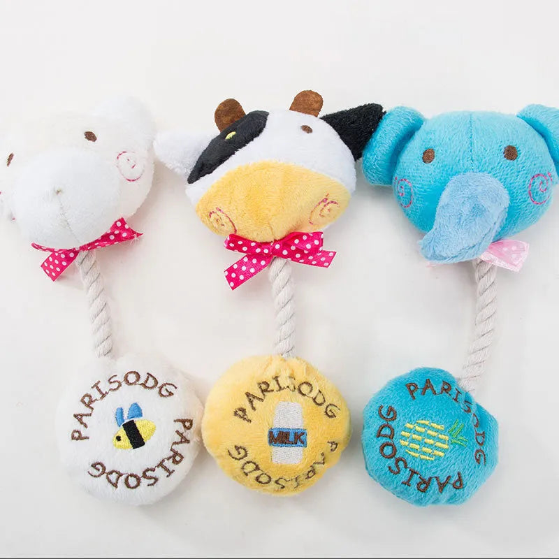 Plush dog toy with cotton rope and sound device in animal designs
