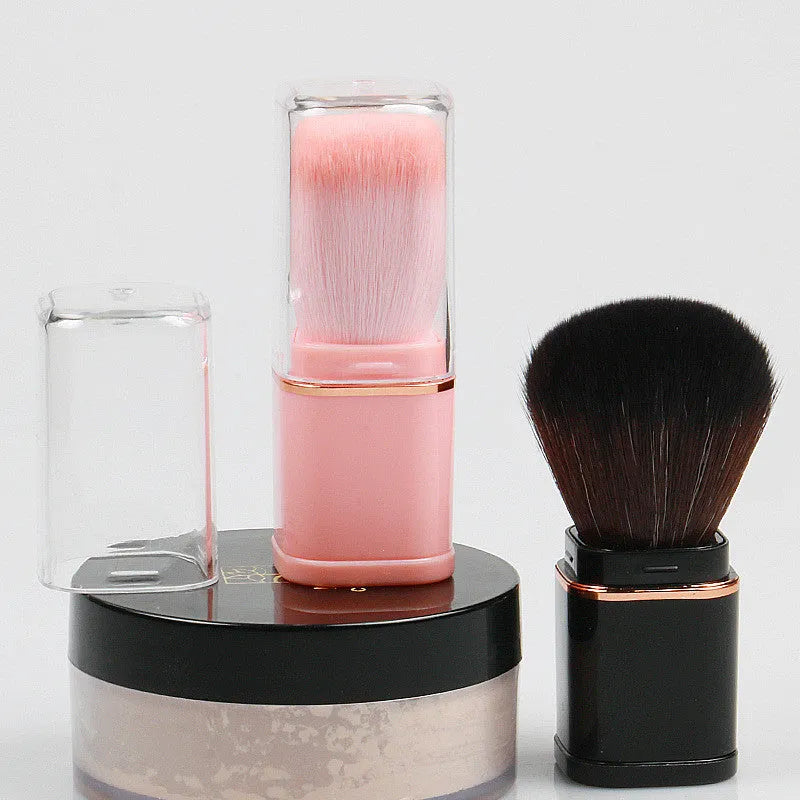 Retractable powder blusher brush with artificial fibre bristles and plastic telescopic handle, 7cm total length