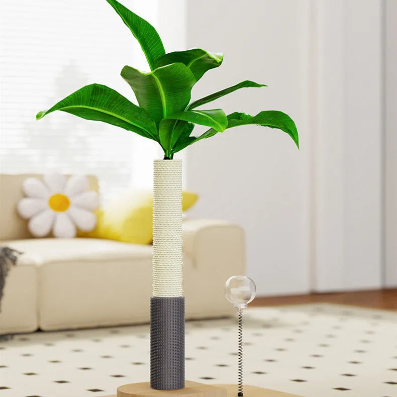 Vertical solid wood cat scratching post in a canna colour with a textured scratching surface.