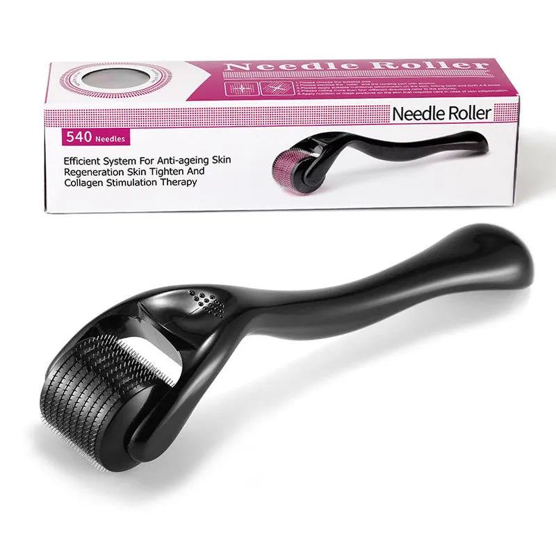 Close-up of a black derma roller with 540 titanium microneedles, showing needle sizes from 0.2mm to 1.0mm for facial and scalp treatment.