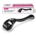 Close-up of a black derma roller with 540 titanium microneedles, showing needle sizes from 0.2mm to 1.0mm for facial and scalp treatment.