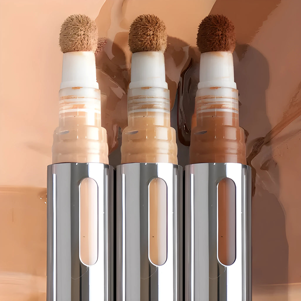 A concealer liquid pen showing 24 colour shade options from 01 to 24 for waterproof, sweatproof coverage and contouring.