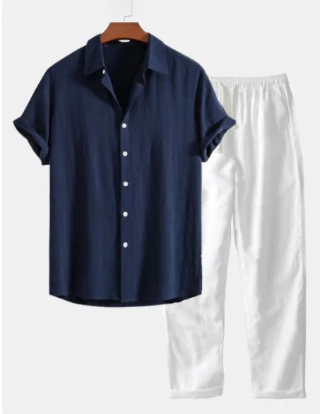 Casual loose beachwear short sleeve suit in cotton linen fabric with multiple colour options