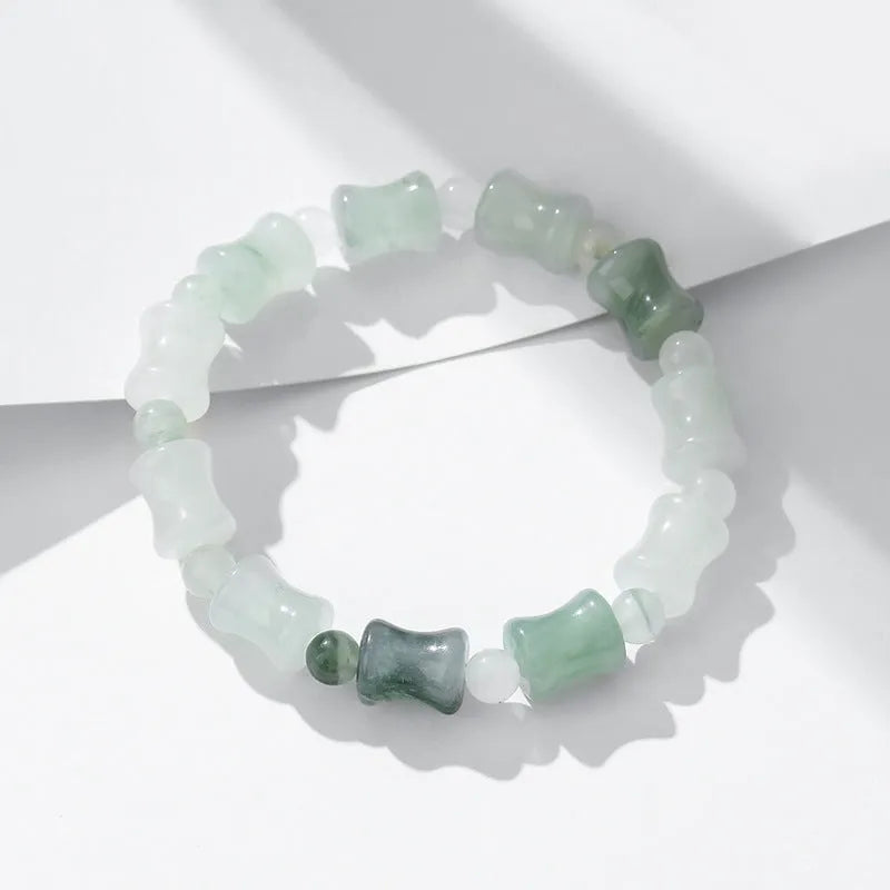 Tianshan Emerald natural chalcedony beaded bracelet with diamond-shaped jade stones and coconut shell beads on elastic string