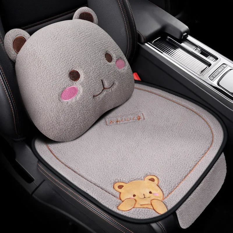 Car cushion winter plush three-piece set with square cushion and lumbar support pillow in trendy bear design