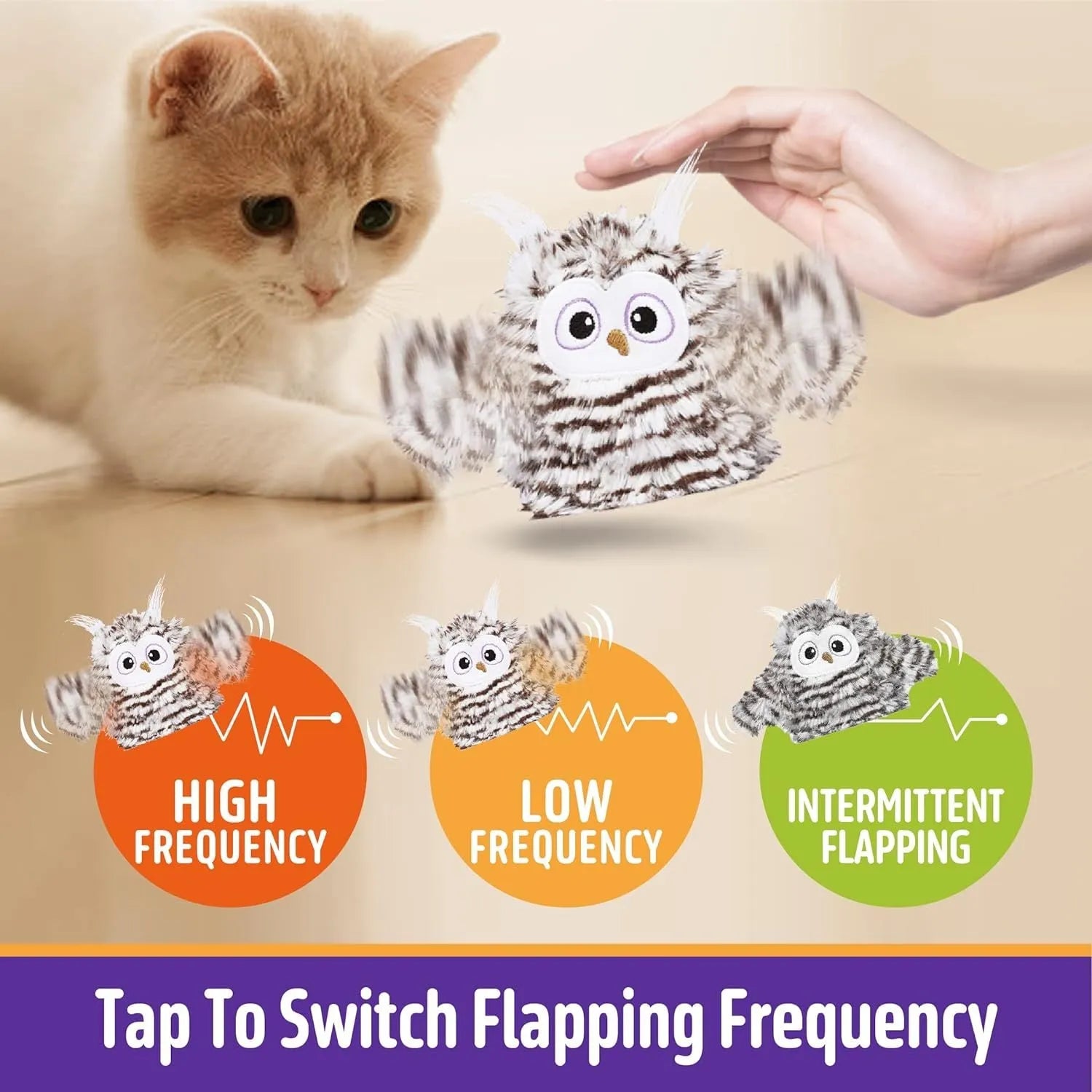 Grey automatic chirping owl cat toy with beating wings on a flat surface.