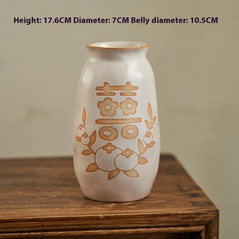 Chinese hand-painted ceramic joy vase with traditional carving on 8cm base