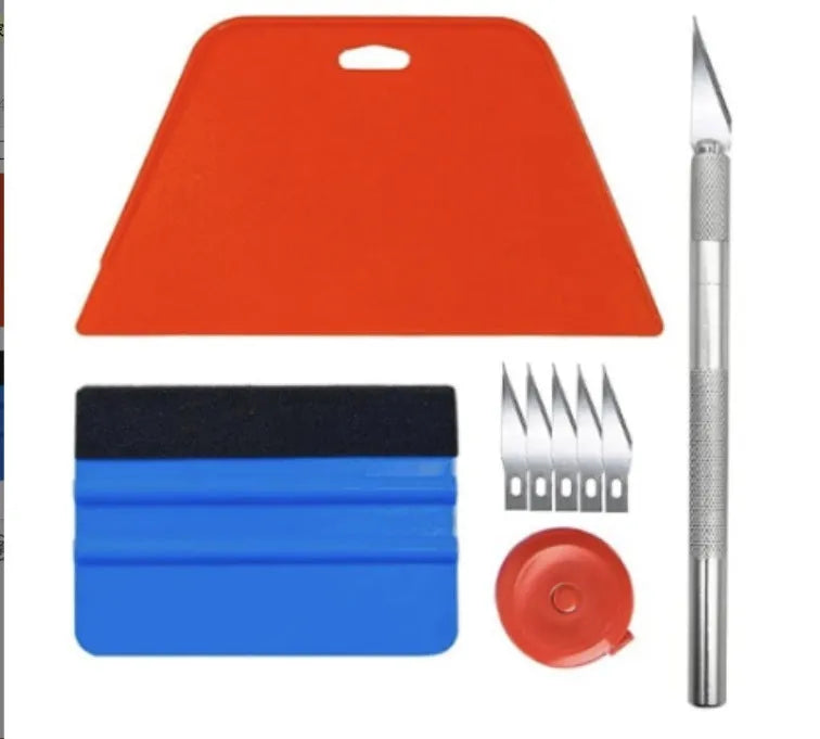 12-piece plastic car film smoothing tool set with squeegee and T-bar for window tinting.