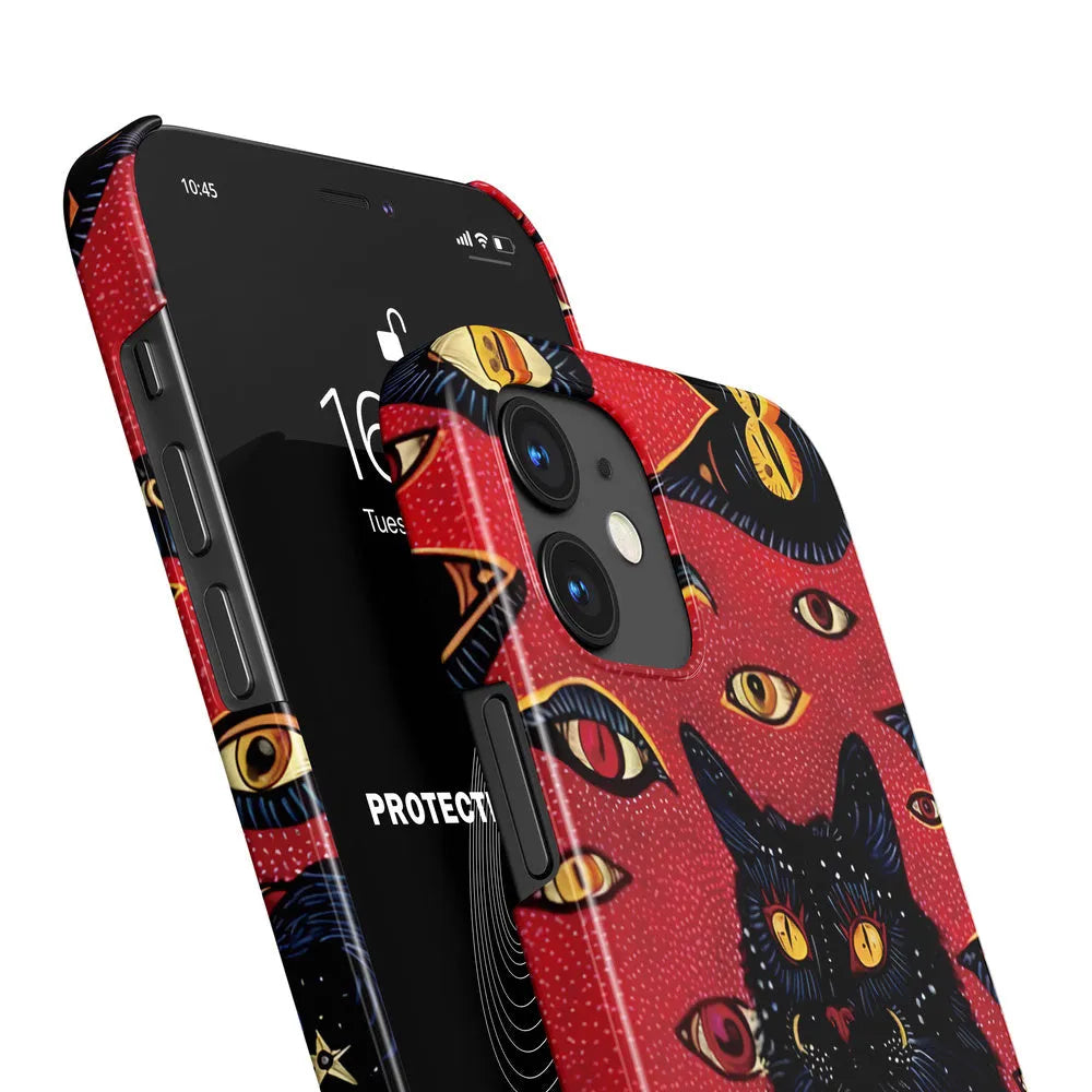 Retro cat eye design hard shell phone case for IPhone on a table, showing frosted and glossy finish options.