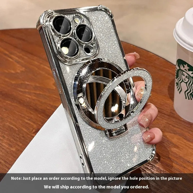 Glitter mirror folding bracket phone case for iPhone 16 with drop-resistant PC material in gradient colours