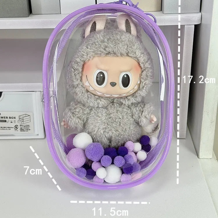 Transparent PVC cube storage bag for cotton dolls with keychain attachment.