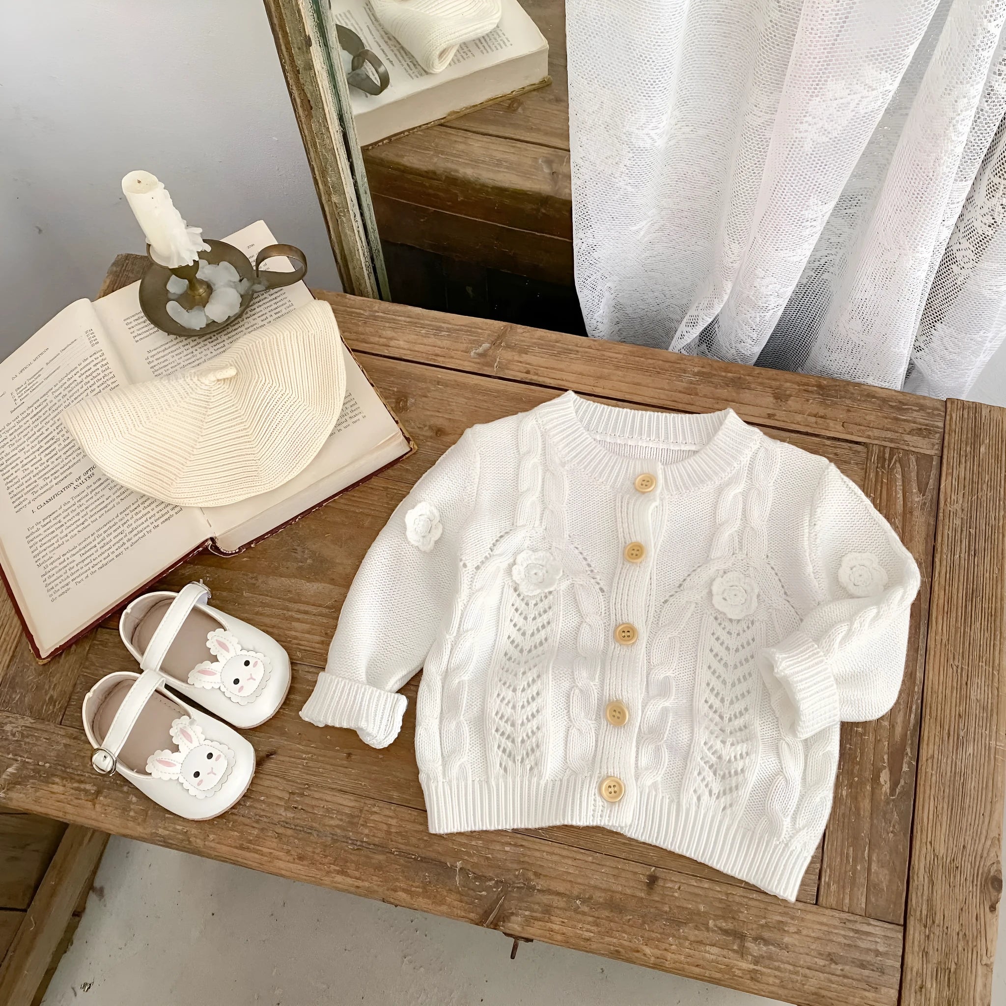 Beige baby girl hand crocheted flowers twist knit pure cotton jacket with long sleeves