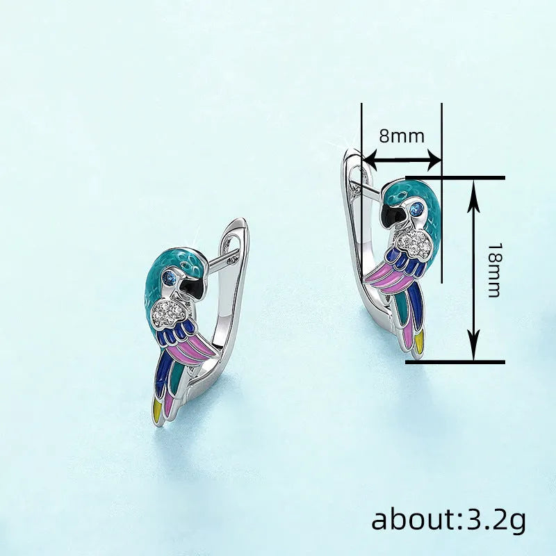 Oil dripping parrot earclip with white gold zircon stones on copper base