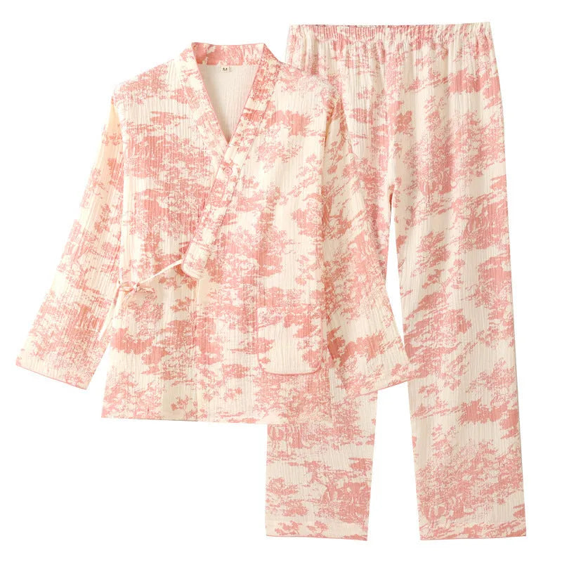 Women's long sleeve cotton gauze lounge suit set in blue frosted pine trees colour.