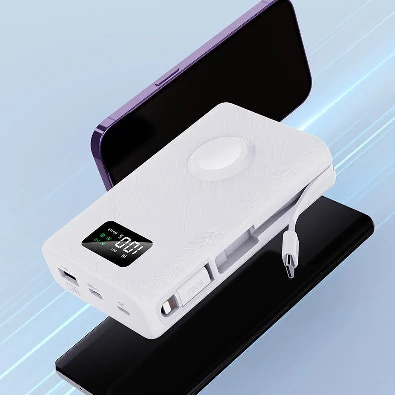 Black and white wireless charging power bank with phone bracket showing 20000mAh capacity and display screen