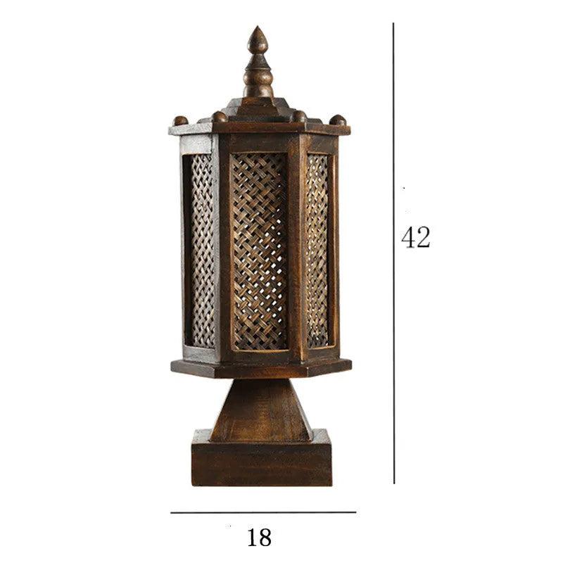 Retro wooden table lamp with hand-woven straw rattan lampshade on bedside table