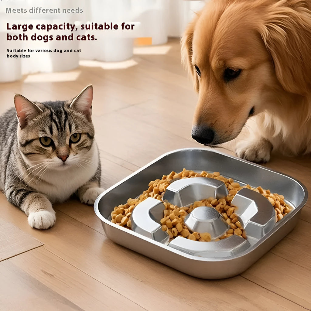 Stainless steel slow feeding dog bowl with raised bone square pattern on a non-slip square base