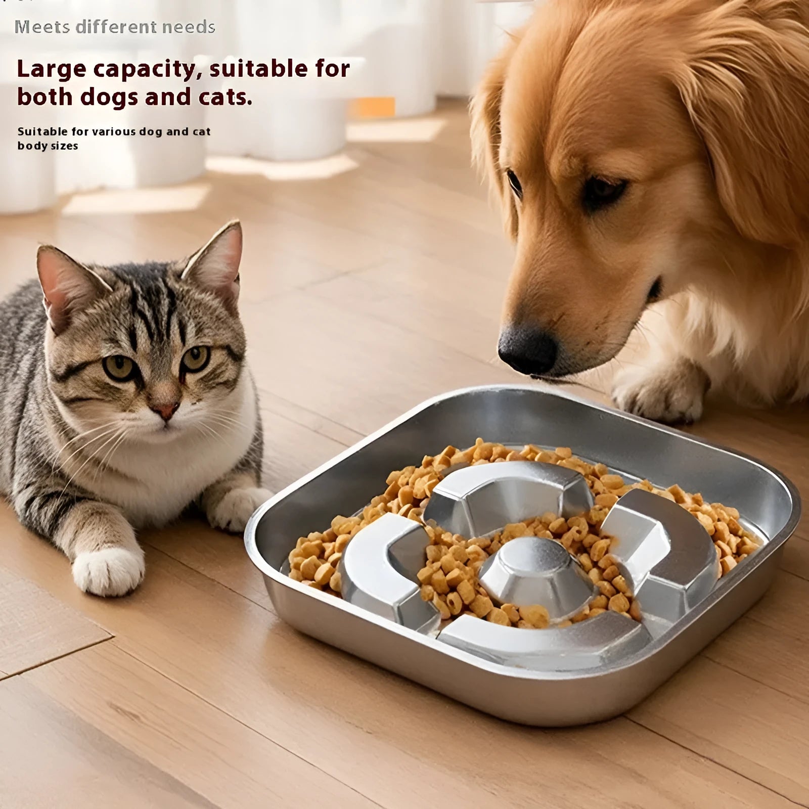 Stainless steel slow feeding dog bowl with raised bone square pattern on a non-slip square base