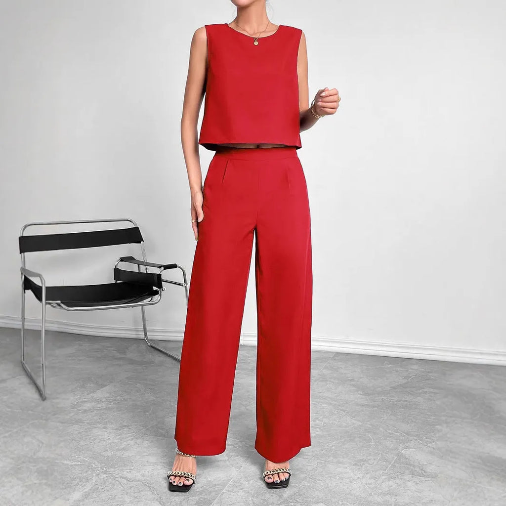 Women's red sleeveless top and wide leg trousers two-piece clothing set