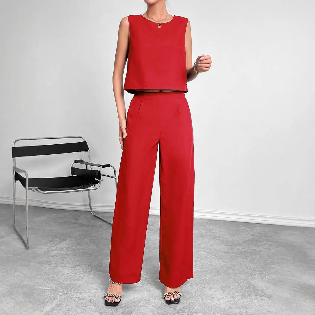 Women's red sleeveless top and wide leg trousers two-piece clothing set