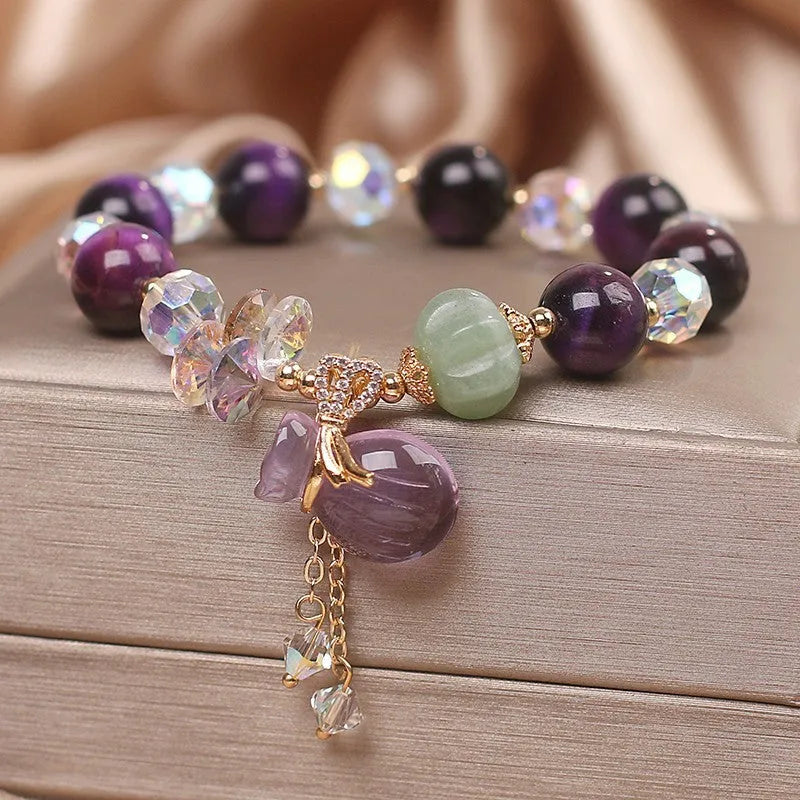 Forest style women's crystal bracelet with purple tigereye money bag pendant and rhinestone decoration