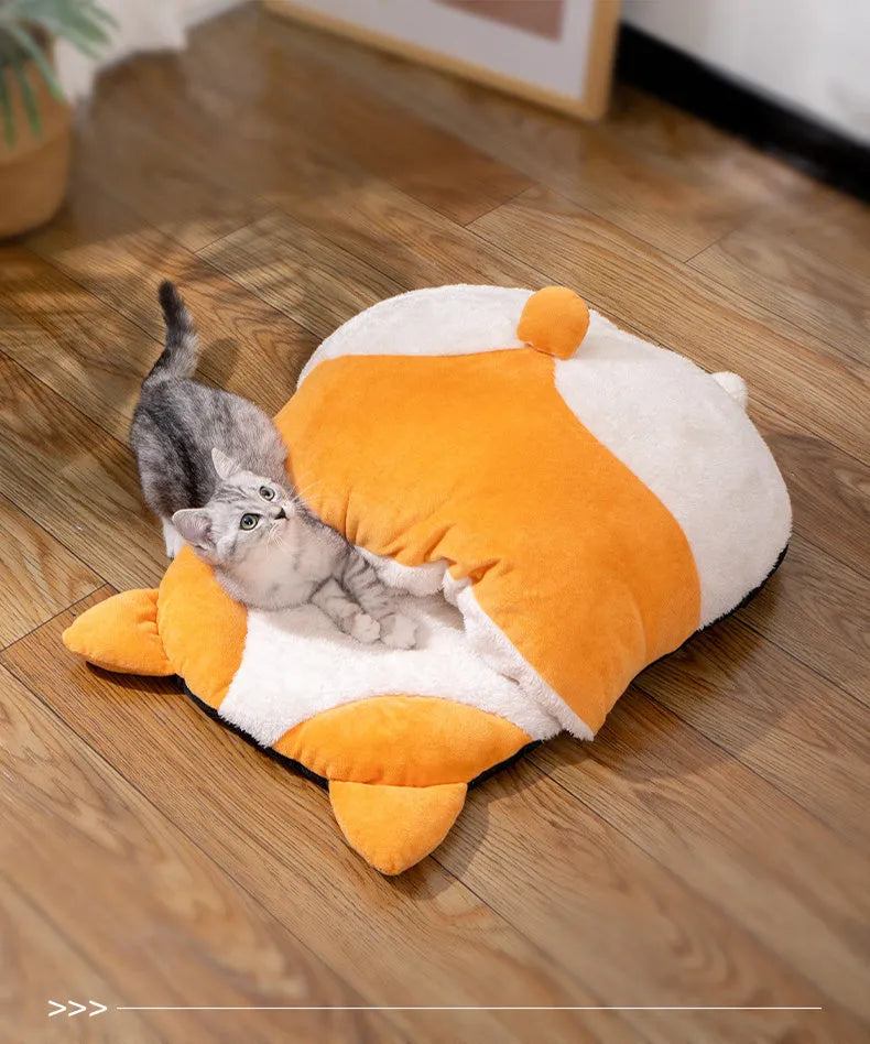 Orange semi-closed cat sleeping bag measuring 65cm long