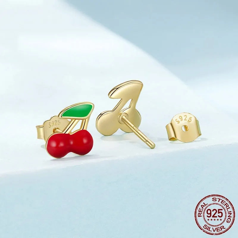 Pair of red small cherry stud earrings in 925 sterling silver with glossy dripping oil finish