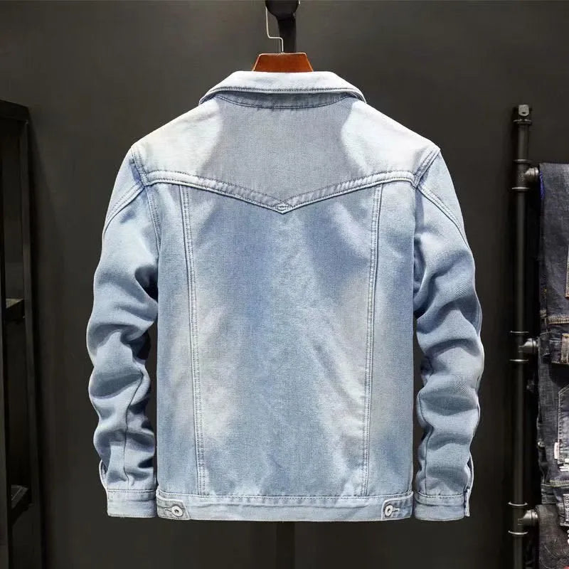 Men's loose fit fleece lined denim jacket in Dark Blue, cotton workwear top for autumn