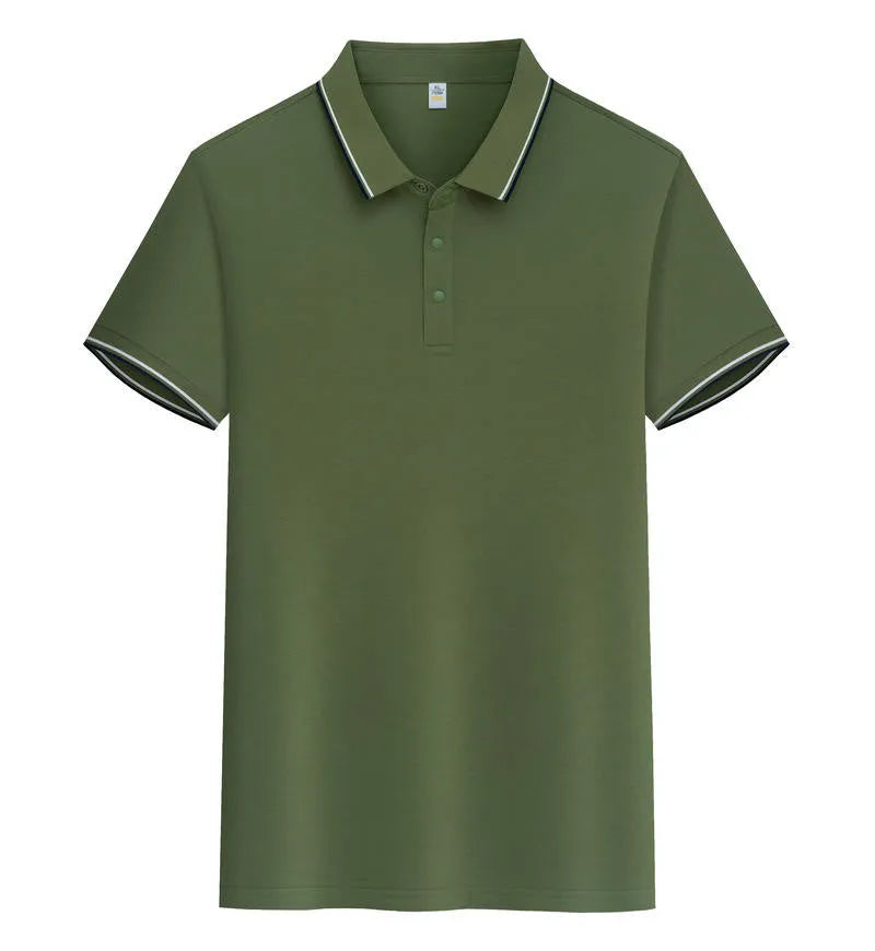 A pure cotton polo shirt with a lapel collar and short sleeves, shown in a light blue colour.