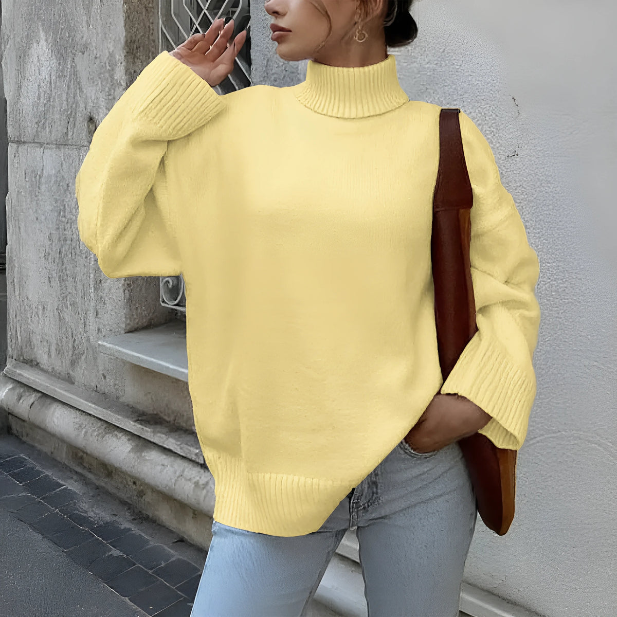 Casual solid colour long-sleeved polyester pullover sweater in light blue, front view