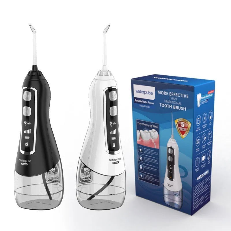 V580 portable electric water toothpick dental irrigator in white, black, blue, and purple colours