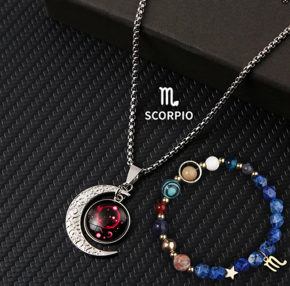 Natural stone zodiac necklace and bracelet set for all 12 star signs