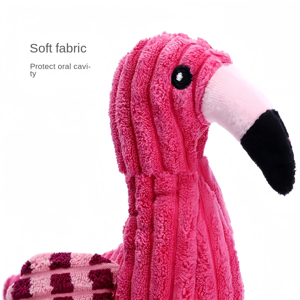 Pink animal-shaped corduroy squeaky dog toy with plush construction