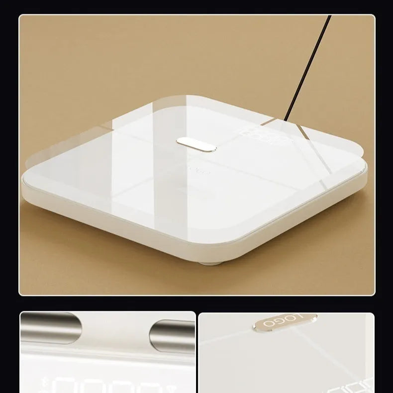 White body fat scale with 8 electrodes and tempered glass platform showing LED display