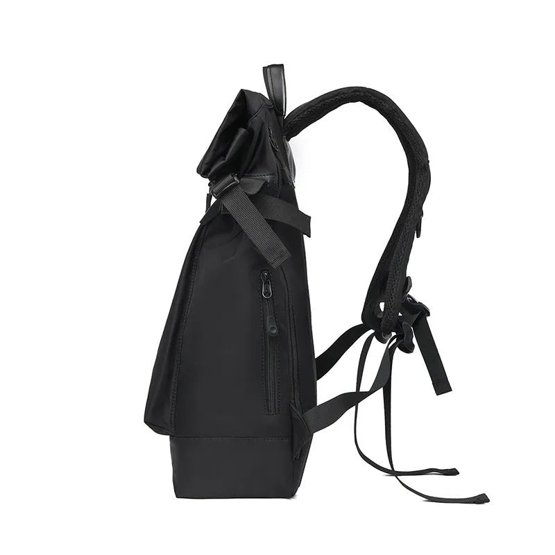 Men's nylon waterproof backpack in solid black for business commute and outdoor travel