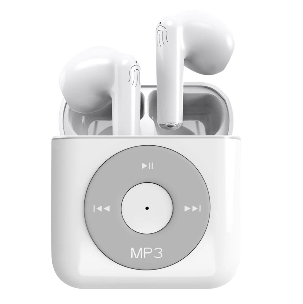 White wireless Bluetooth earphones with a semi-in-ear design and a matching charging case on a clean background.