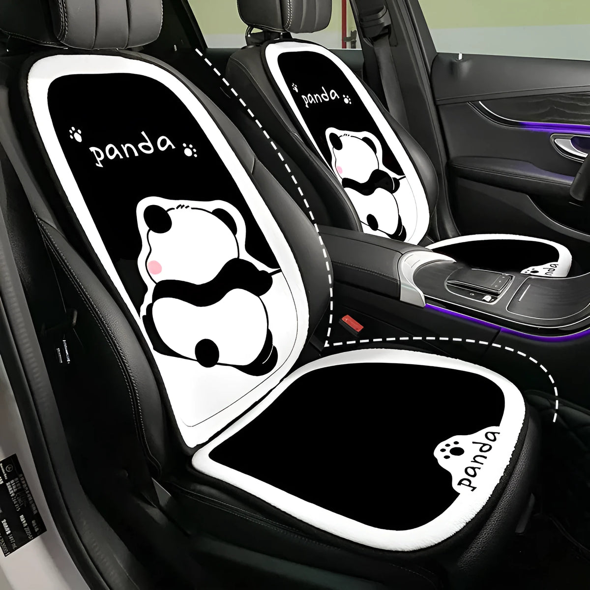Winter plush panda car seat cushion with elastic hemming and memory foam filler on car seat