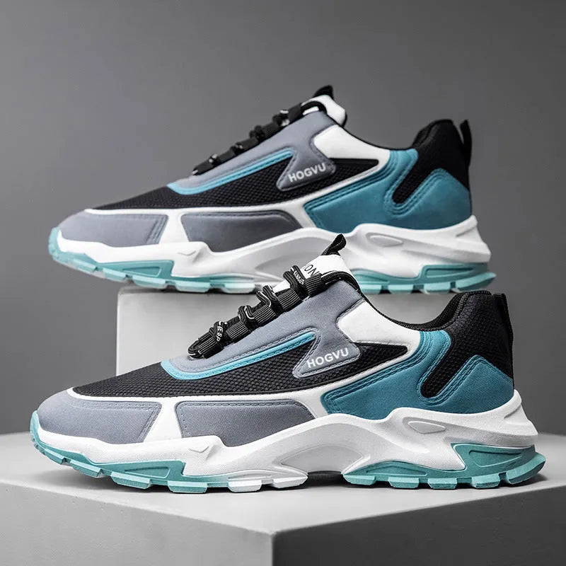 Men's breathable mesh running shoes with injection moulded sole, front lace-up, black and blue colour, size 39-44