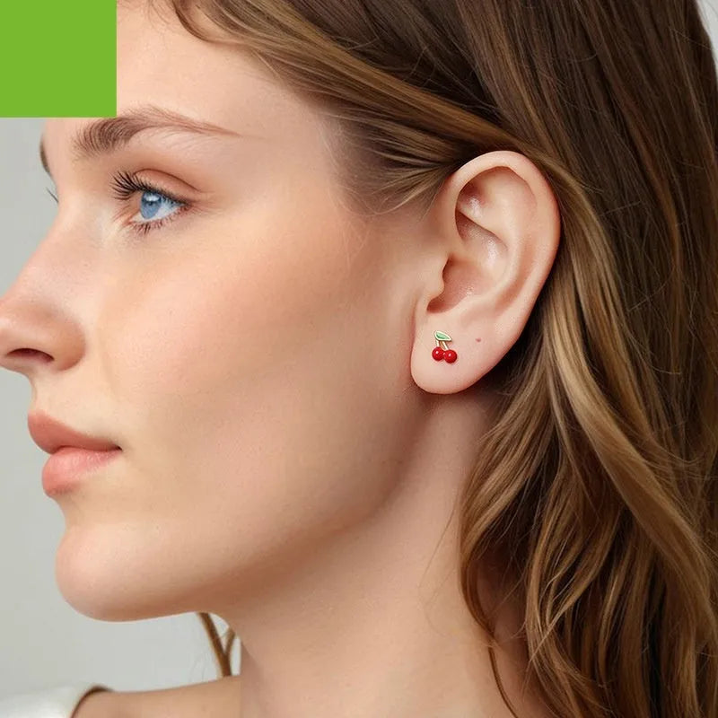 Pair of red small cherry stud earrings in 925 sterling silver with glossy dripping oil finish