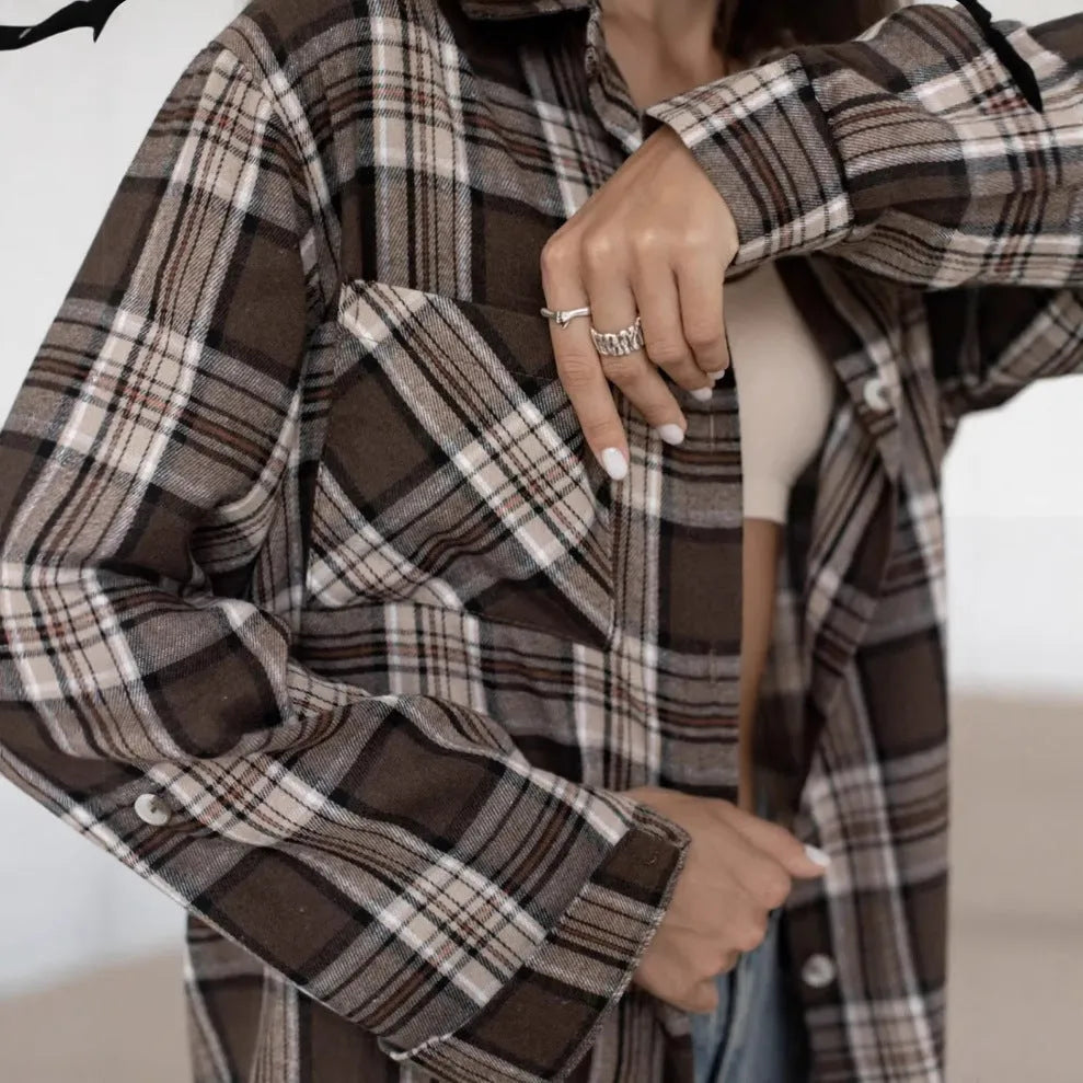 Women's retro striped long sleeve shirt in dark brown with pocket, cotton trueran fabric, regular fit