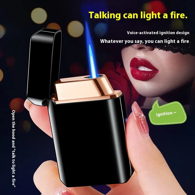 Voice-controlled blow-and-blow ignition torch lighter with metal body and wind-resistant flame in Black Ice finish