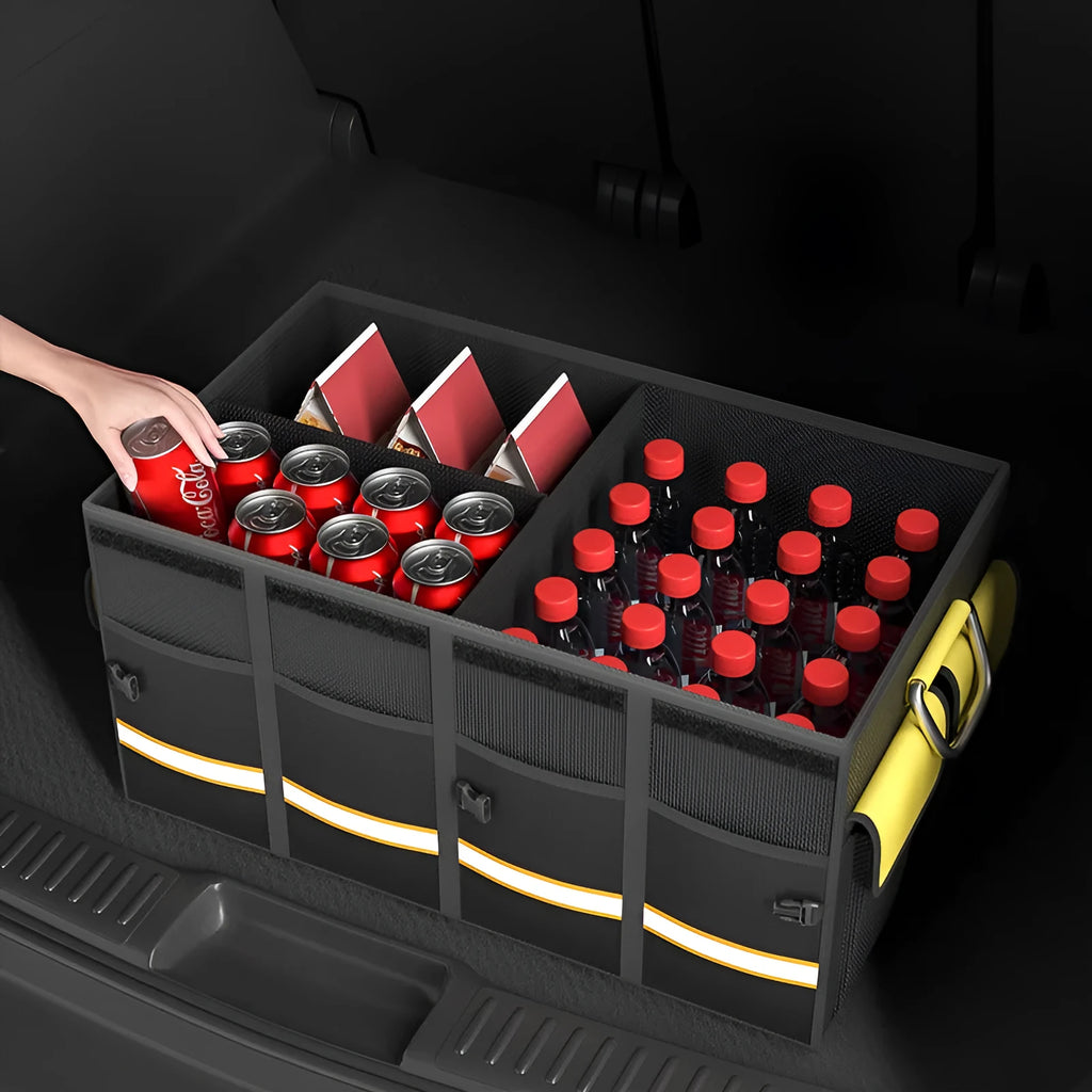 Black and yellow foldable fabric car boot storage organiser bag with handle in three size options.