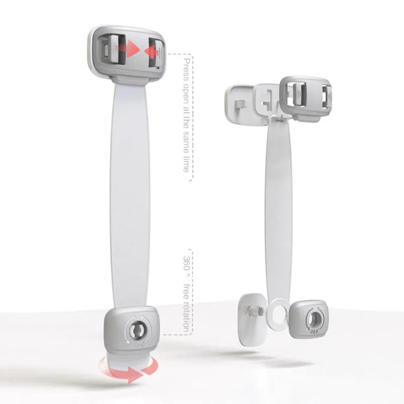 Adjustable child safety cabinet lock with strap and 3M adhesive backing