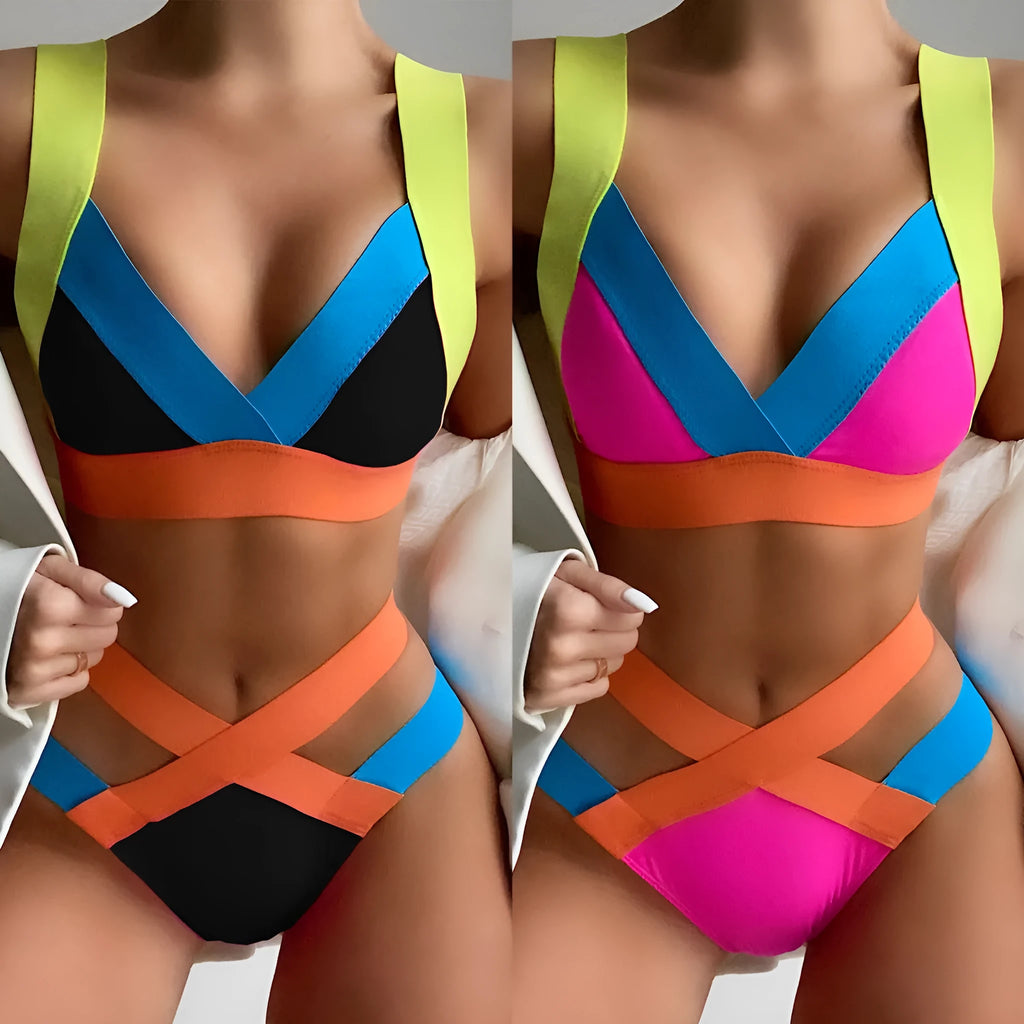 Ladies colourful bandage bikini triangle bag swimsuit in solid colour nylon, chest pad without steel support, sizes S M L
