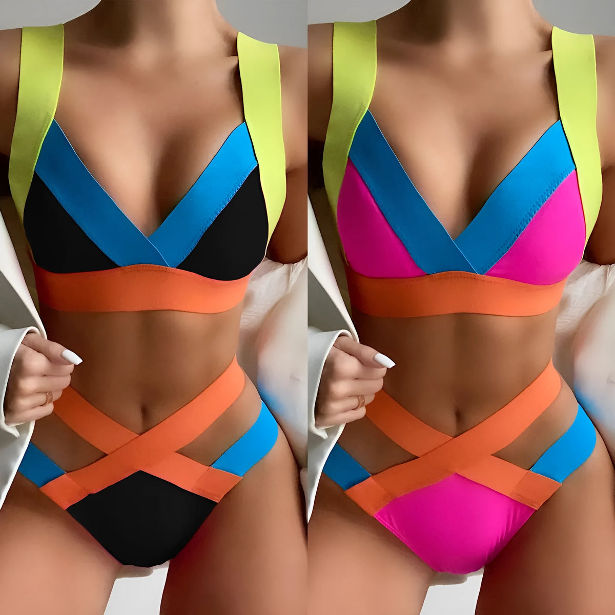 Ladies colourful bandage bikini triangle bag swimsuit in solid colour nylon, chest pad without steel support, sizes S M L