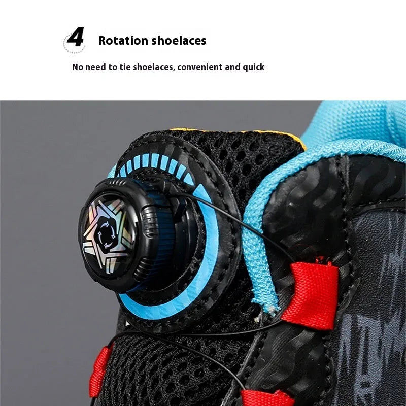 Children's rotating button running shoes in black with a cushion basketball design on a white PU sole.